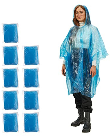 Relaxdays 100x Poncho Antipioggia, Set di Mantelli, Cappuccio, Mantellina Impermeabile per Adulti, Monouso, Unisex, PE, Blu