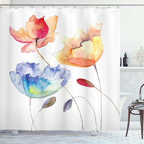 ABAKUHAUS Jahrgang Duschvorhang, Natur Blumen, Stoffliches Gewebe Badezimmerdekorationsset mit Haken, 175 x 180 cm, Orange Blau Rot