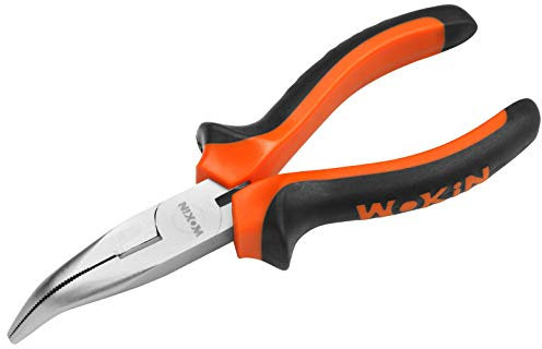 TOOLSTEK WOKIN - Alicates de punta de aguja doblada de 160 mm, mandíbula dentada curvada resistente, cabeza chapada en cromo y cortador de alambre, mango multicomponente con capa más suave