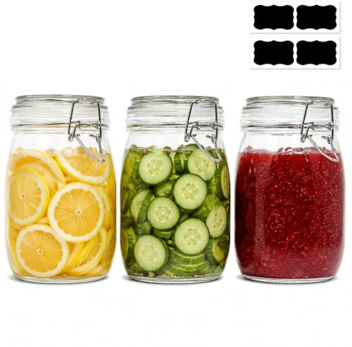 ComSaf Airtight Glass Canister Set of 3 with Lids 34oz Food Storage Jar Round - Storage Container with Clear Preserving Seal Wire Clip Fastening for Kitchen Canning Cereal,Pasta,Sugar,Beans,Spice