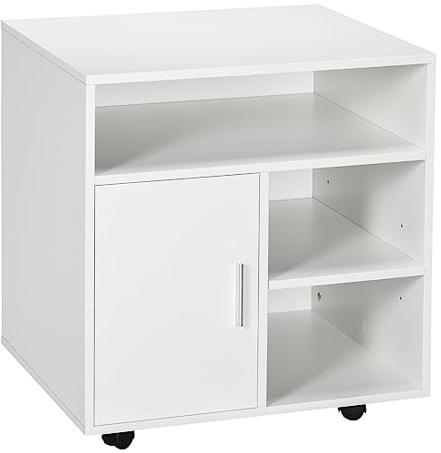 HOMCOM Support d'imprimante Organiseur Bureau Caisson Placard Porte 3 niches + Grand Plateau Panneaux Particules Blanc