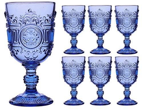 Dibor Wine Glasses Set of 6 Blue Embossed 300ml Drinking Goblets Alfresco Dining Glassware