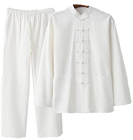 Herren Tang Anzug chinesische traditionelle Kleidung, Baumwolle Leinen Tai Chi Kleidung, Kung Fu Uniform Langarm Mantel Oberteile und Hose, Kampfanzug Zen Meditationsanzug, weiß, Medium