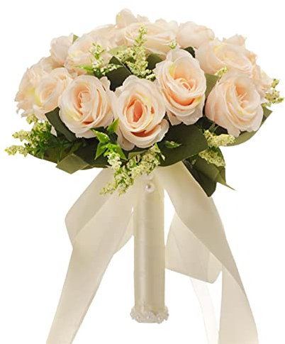 Daoguan Mariée - Bouquet Fleurs Exquis - Fleur Rose Artificielle pour Les Demoiselles d'honneur - Bouquet Faux Fleurs Artificielles pour l'Église Fête - 25cm x 25cm - Blanc/Champagne - 1 Unité