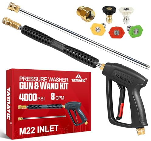 YAMATIC Högtryckstvätt pistol och stav med 5 sprutmunstycken, M22–14 mm och M22–15 mm monteringsersättning för Ryobi, Karcher, Greenworks, Craftsman, Troy Bilt Power Washers, 4 000 PSI