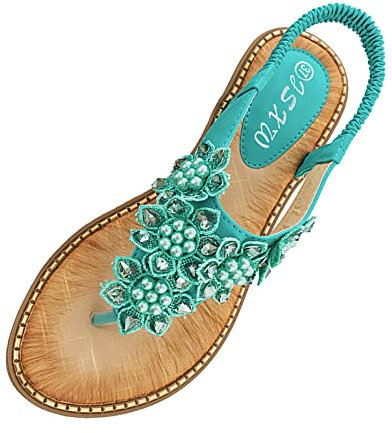 Sandalen Damen Sommer Flip Flops Bohemian Flach Zehentrenner Mit Strass Und Gummiband Sommer Strand Schuhe Strandschuhe Komfortable Flache Hausschuhe Freizeitsandalen Größe 36-51