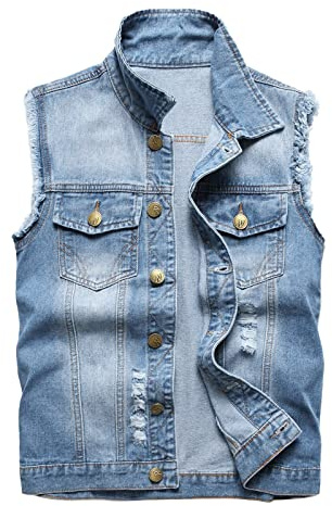 DABAOK Gilet en jean pour femme et femme avec revers sans manches, coupe ajustée, rétro, déchiré, décontracté, gilet en jean pour femme