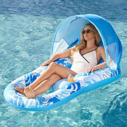 SLOOSH Matelas Gonflable pour Adultes, Transat de Piscine Gonflable avec Auvent, Bouée Flottante Type Radeau avec Porte-Gobelets, Repose-Pieds et Dossier Réclinable pour Piscine et Eau (Bleu)