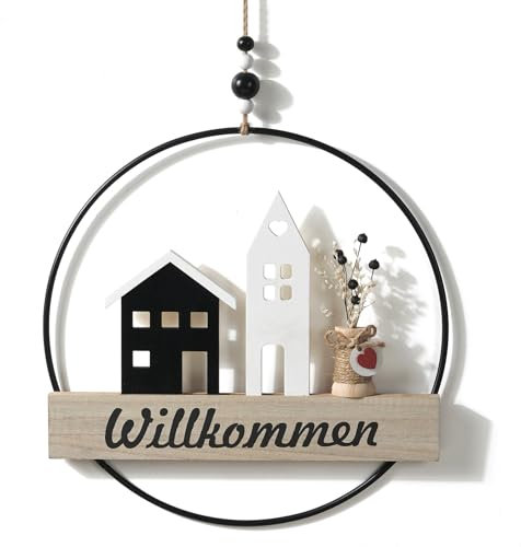 Optyuwah Trockenblumenkranz, Türkranz Willkommen mit Schwarz-weißes Haus und Trockenblumen,personalisiert Dekokranz ø28cm Trockenblumen für Wand,Tür,Fenster Deko