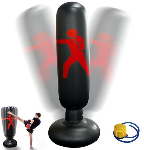 Boxsack Kinder,160cm Aufblasbarer Standboxsack, Boxhandbandagen & Kostenloser Luftpumpe – Sofortige Bounce Back Boxsack für Indoor & Outdoor Kampfsport Praxis, Karate, Schwarz
