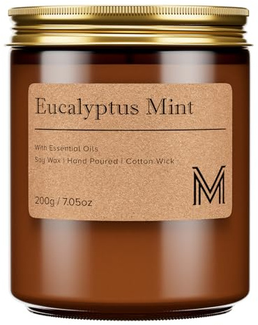 M&SENSE Candele alla Soia 200g, Eucalipto Menta, 35H Combustione, Naturale Candela Non Tossico, Vetro Marrone Vintage, Mano Colata per Aromaterapia Relax, Regalo di Lusso Mamma