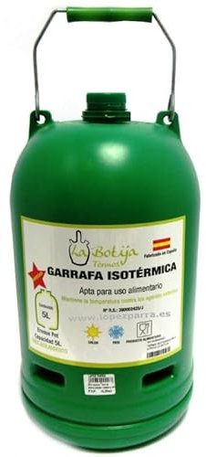 La Botija Garrafa Isotérmica 5L, Triple Capa Aislante, Con Asa Metálica, Verde, Para Líquidos Fríos y Calientes