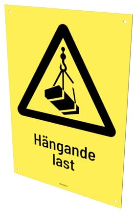 Nosico, Varningsskylt A5 - Hängande last, 1,5 mm Aluminium, 1-pack, Svenska, Förborrade Skruvhål, Gul/Svart, 21,0(L) x 14,8(B) cm