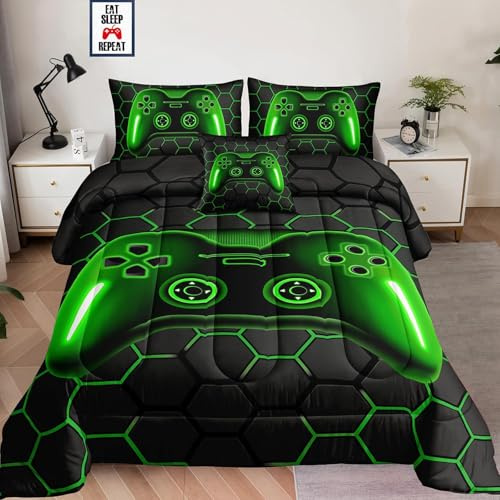 Tabeskly Boy Kids Hexagon Geometry Gaming Gamepad Gamer Bedding Single Duvet Cover Sets Bed Zipper Green Black 135×200cm