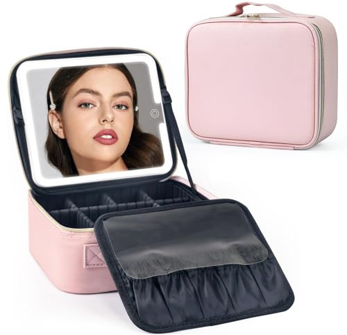 WITFAMILY Travel Makeup Bag with LED Mirror, Makeup case, Makeup Mirror with 3-Color Setting, Waterproof Makeup Box, 10x Magnifying Glass, Pink Travel Makeup Storage Container