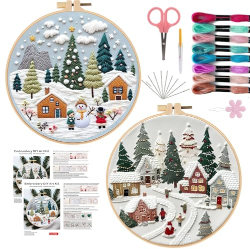 Offizon Christmas Embroidery Kit for Beginners, 2 PCS Starter Cross Stitches, Winter Night Santa Handicrafts, Merry Chistmas