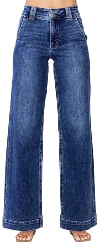 Astylish Wide Leg Jeans for Women High Waisted Straight Leg Stretchy Denim Pants with Trendy Fashion Slanted Pockets Jean Trousers Size 14 Sail Blue