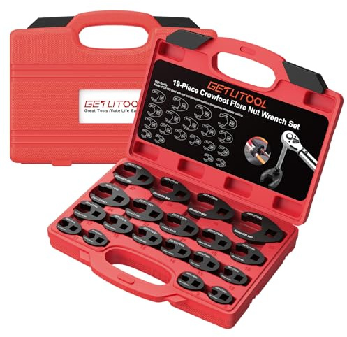 GETLITOOL Set 19PZ Chiavi a Forcella Aperta per Tubi in Cr-Mo, 12pz 3/8 (8-19mm) e 7pz 1/2 (21-32mm), Chiave Crowfoot con Valigetta Rigida, Chiavi a Bussola Aperta per Auto Idraulica Officina DIY