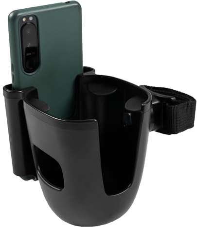 Zamboo Portavasos y Soporte para Movil para Silla de Ruedas, Andador y Ayudas a la Movilidad | Porta Botellas Universal 2 en 1 para Bebidas y Smartphone, Giratorio 360° | Fácil instalación – Negro