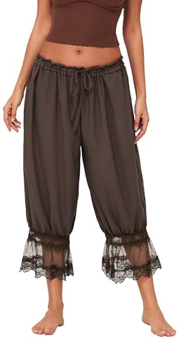 Women Lace Trim Pantaloons Bloomers Y2k Mid Waist Drawstring Capri Pants | Fashion Ruffles Hem Lace Patchwork 3/4 Trousers Solid/Floral Print Pantaloons Summer Going Out Streetwear Cropped Loose Pants