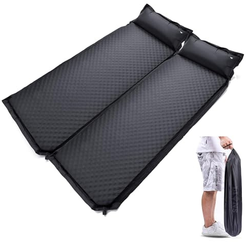 Lions Self Inflating Camping Mat With Pillow Roll - 3cm Thick Portable Lightweight Camping Mattress Self-Inflating for Outdoor Sleeping, Backpacking, Camping, Hiking, 180x60cm, Double, Black
