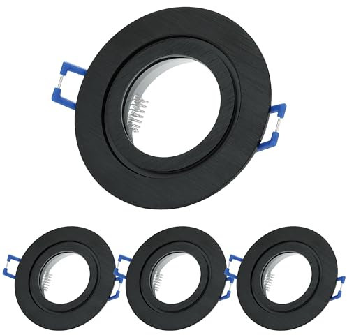 Sweet Led 4x Einbaustrahler 230V IP44 Rahmen mit GU10 Fassung, Aluminium Deckenspots schwarz gebürstet, rund LED Spots Badezimmer Einbauspots Spot Einbaurahmen 68mm Lochmaß – ohne Leuchtmittel