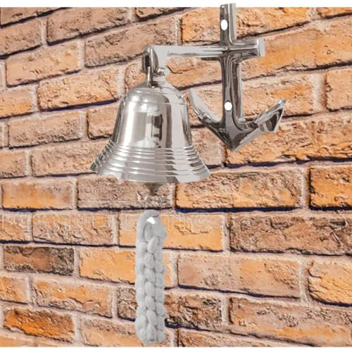 Purpledip Campana náutica de latón con soporte de anclaje: barco pirata marino colgante de pared, plata (11403A)
