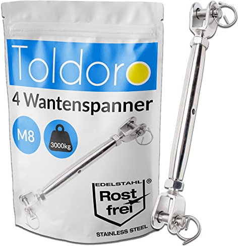 Toldoro, 4 tenditori M8 in acciaio inox, gancio, tirante per sartiame, tendicinghia a doppia forcella per fune, per tendone e barca a vela, forma chiusa