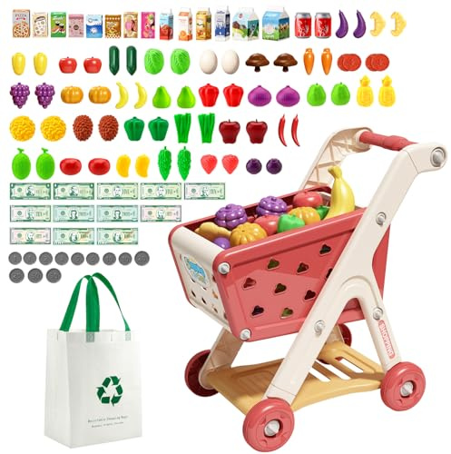 JOVOW Chariot de Courses Enfant, 98 Pièces Ensemble de Caddie d'enfants avec Sac de Courses, Ensemble de Jouets de Magasin pour Jeu de rôle éducatif adapté aux garçons et aux Filles de Plus de 3ans