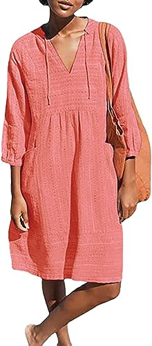Lafural Womens V Neck Cotton Casual Loose Shift Tunic Smock Summer Dresses Vacation Dress 3/4 Sleeve Pocket Coral XL