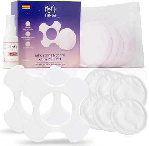 NuNi Mehrweg selbstklebende Stilleinlagen mehrere Wochen Stillen und Schlaf ohne Still BH bestehend aus 2 Silikonpads und 6 waschbare Stilleinlagen mit saugfähigem Kern und Reinigungsspray