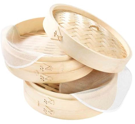 CABLEPELADO Cesta de Vapor de Bambú para Cocinar Asiático, Steamer de bambú, Canasta de bambú para vapor, Vaporera de bambú, Dim sum basket, Diámetro 15 cm, Altura 13.5 cm, 2 pisos, 325 gramos