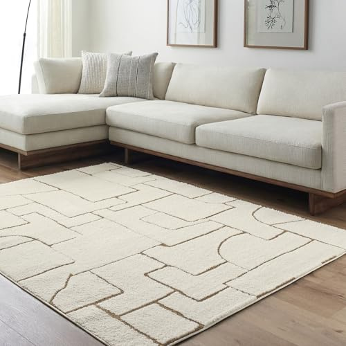 Livabliss Trogir Moderne Abstrait - Salon, Salle à Manger, Chambre Adulte et Ado, Cuisine - Design Marbre Moucheté Multicolore, Poil Ras Doux 160x213 cm - Ivoire et Brun