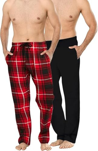 Långa loungebyxor för män nattkläder (tvåpack) pyjamasbyxor nattkläder, Svart/röd rutig, L
