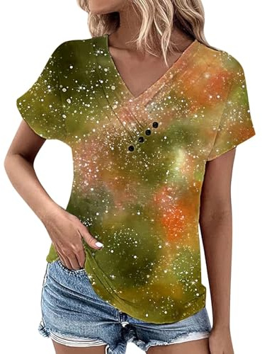 WVONIF T-Shirts à Manches Courtes et col en V pour Femme, imprimé étoiles, Bouton, Coupe Ample, t-Shirt, Chemise d'été décontractée Hauts pour Femmes Grandes