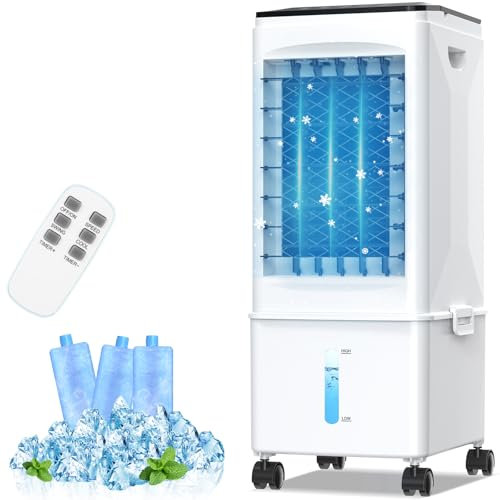 Climatiseur Mobile Silencieux 9.5L Rafraîchisseur d'Air Portable Sans Evacuation, Réservoir Détachable, 60W, 3 Vitesses, 7H Minuteries, 60°/120° Oscillation, Télécommande, 3 Blocs Réfrigérants pour Ch