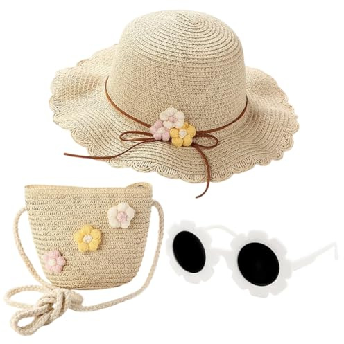 REYOK Girls Straw Hat and Mini Straw Cross Body Bag Sets with Sunglasses,Girl Foldable Wide Brim Hat Sun Protection Floppy Beach Cap for Girls Age 3-12 (UK, Age, One Size, White)