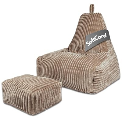 PatchHome Deluxe Cord sittsäck lounge fåtölj – gaming saccosäck set med fotpall – bekväm manchesterfåtölj med fyllning – vardagsrum och sovrumsmöbler (latta macchiato, XL – sittsäck pallset)