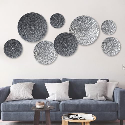 DETENE pared redonda metal Decoración,pared boho Metal redondo -8 piezas con 4 tamaños, plateado y azul, esculturas colgantes modernas para salón, oficina, apartamento, baño, escalera y pasillo