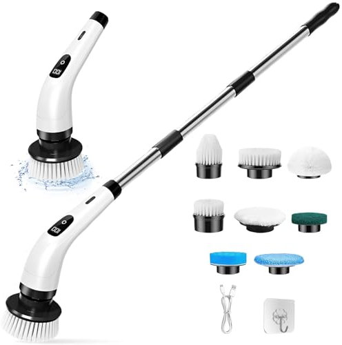 Spazzola Rotante Pulizia Casa con 8 Testine Intercambiabili, Spazzola Elettrica Senza Fili Manico Lungo Regolabile, Scrubber per Pavimenti, Bagno, Vasca, Piastrellato, Piastrelle, Pavimento(Bianco)