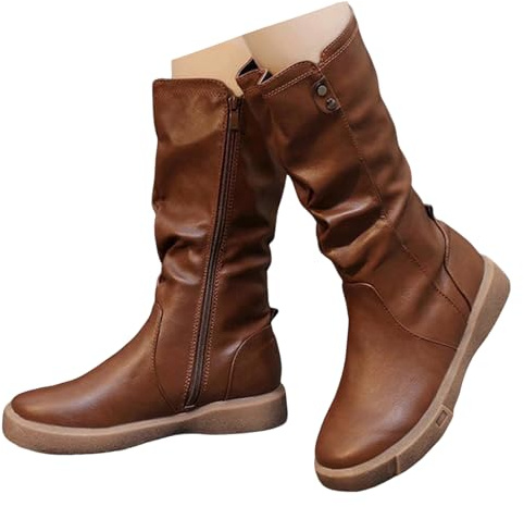 Xbemkste Botas planas de media pantorrilla para mujer, con cremallera, puntera redonda, con volantes, botas de cuero occidental, botas altas medianas, botas de invierno con forro térmico, cómodas