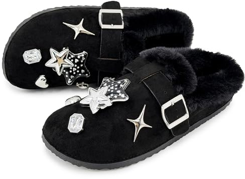 JOMIX Zapatillas de Casa Mujer Invierno Zuecos Forrados Efecto Ante Hebilla Ajustable Suela Antideslizante y Silenciosa Pantuflas Punta Cerrada Cálidas y Cómodas Caja de Regalo