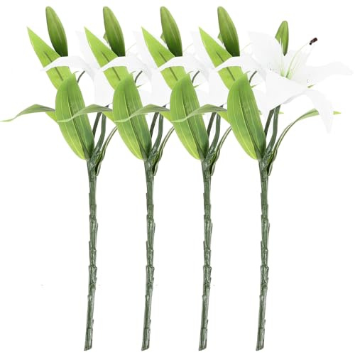 VALICLUD Bouquet di Gigli Artificiali Realistici 4 Pezzi Fiori di Giglio Finti Bianchi per Decorazioni Matrimonio Centrotavola e Allestimenti Interni ed Esterni