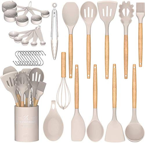 Umite Chef Kitchen Cooking Utensils Set, 24 pcs Non-Stick Silicone Spatula Set with Holder, Wooden Handle Heat Resistant Kitchen Gadgets (Khaki)