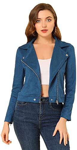 Allegra K Women's Faux Suede Jacket Long Sleeve Zip Up Lapel Outerwear | Faux Suede, Zipper, Lapel Neck, Pockets, Fall Winter Coat, Long Sleeve Jacket, Biker Moto Outerwear