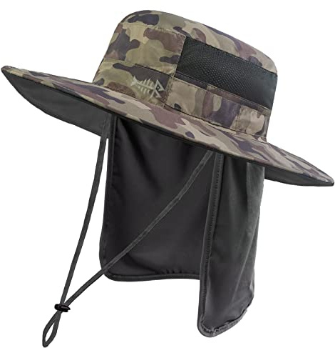 Bassdash Solhatt, fiskarhatt, solhatt, SPF 50+ UV-skydd, vattentät, taktisk fiskehatt med brett brätte, justerbar storlek, med avtagbar halsflik, för män och kvinnor