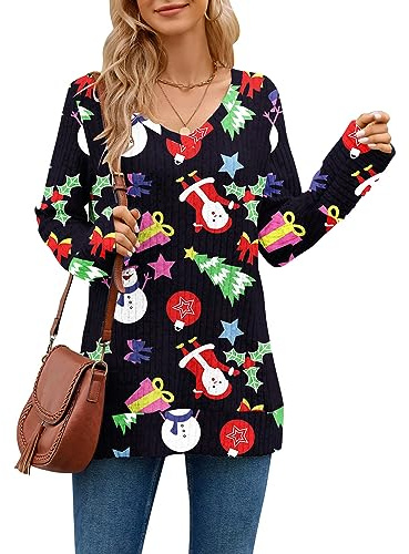 PLOKNRD Suéter de Mujer Cuello V Manga Larga Sudaderas Blusa Suelta Clásica Casual Top Básica Suéter Ligero（Muñeco de Nieve de Navidad,S）