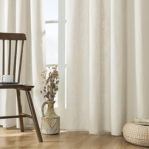 Joydeco Linen Curtains for Living Room,Light Filtering Rod Pocket Back Tab Semi Sheer Drapes Window Long Curtains 63 inches Long Ivory