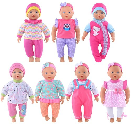 7-Sätze Puppe Kleidung und Zubehör beinhalten Tops Hosen Stirnband für 30 -36CM Neugeborene Babypuppen Jungen Mädchen (Keine Puppe)
