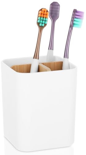 COMNICO Portaspazzolino con divisorio in bambù, plastica antiscivolo, 3 fessure, contenitore drenaggio bicchieri, organizer piano bagno